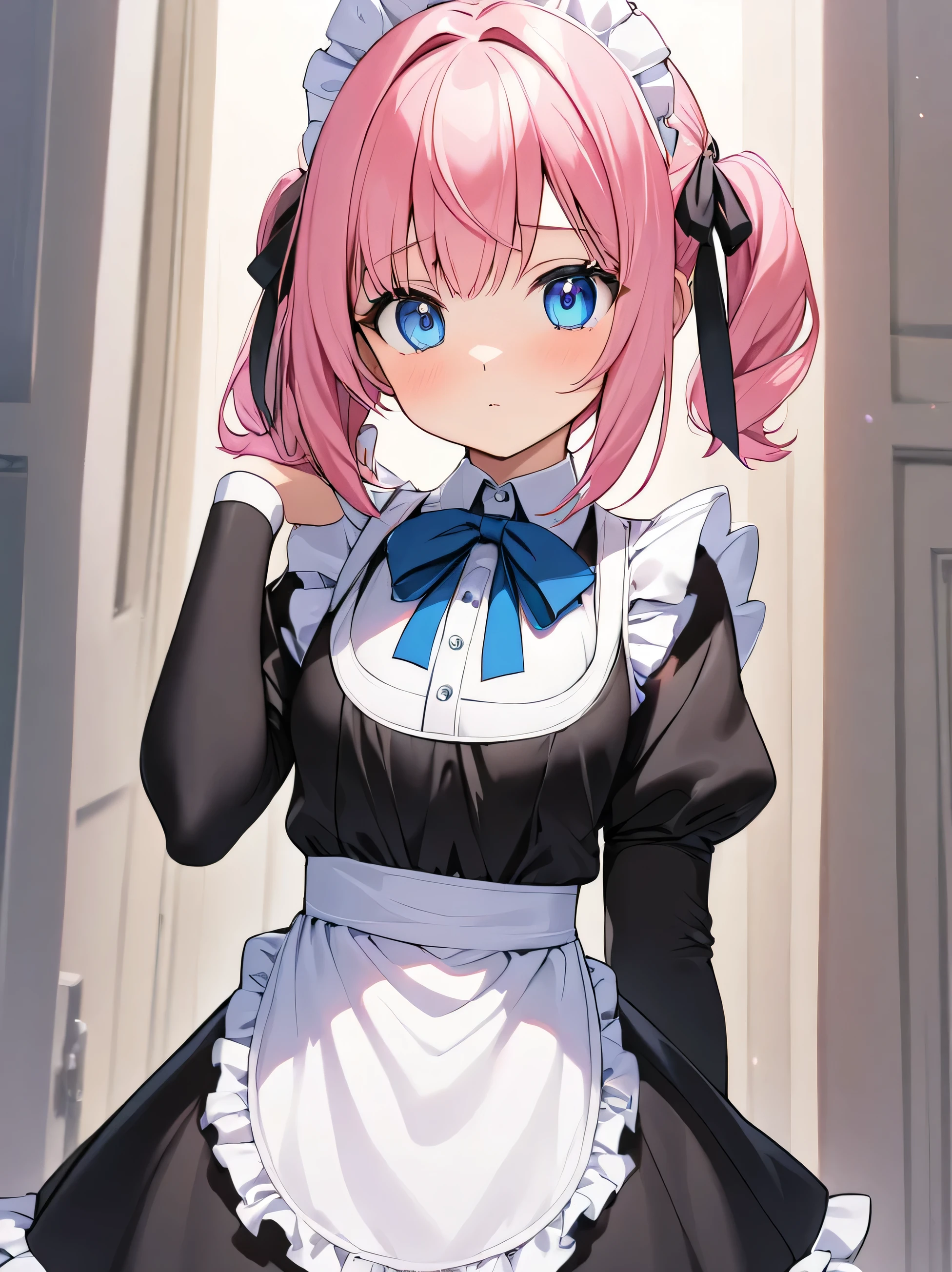 A young girl with pink hair and blue eyes, wearing a tight maid outfit.