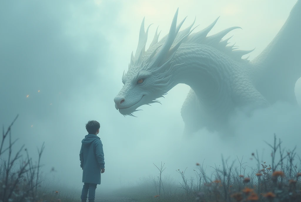 masterpiece, Ultra high definition, A mist of fantastical colors, (((in a thick fog))), Fog is rolling in front, A boy turning his back, A dragon melting into the mist, A beautiful dragon with white fur, The dragon has a long, massive body, (The dragon is faintly visible), It looks at the boy with gentle eyes, The encounter between the dragon and the human, crap