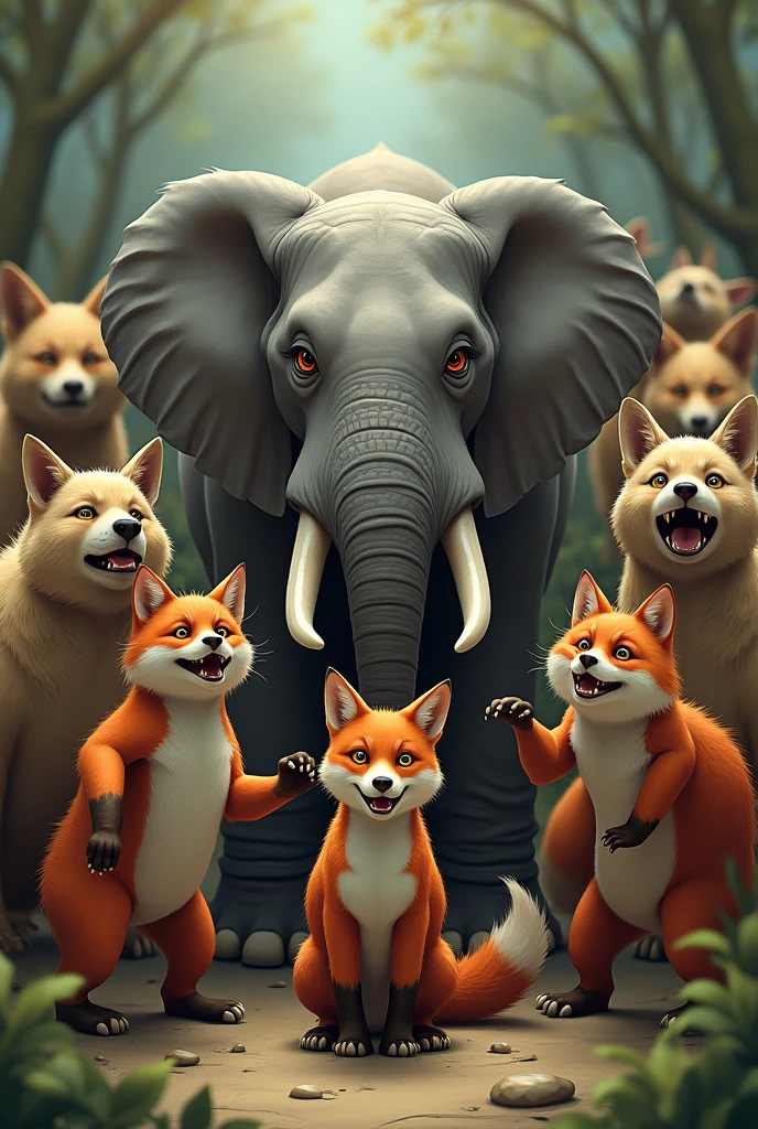 Different animals like an elephant, a fox, and others, looking worried and preparing for the meeting. They should appear anxious and hurried.