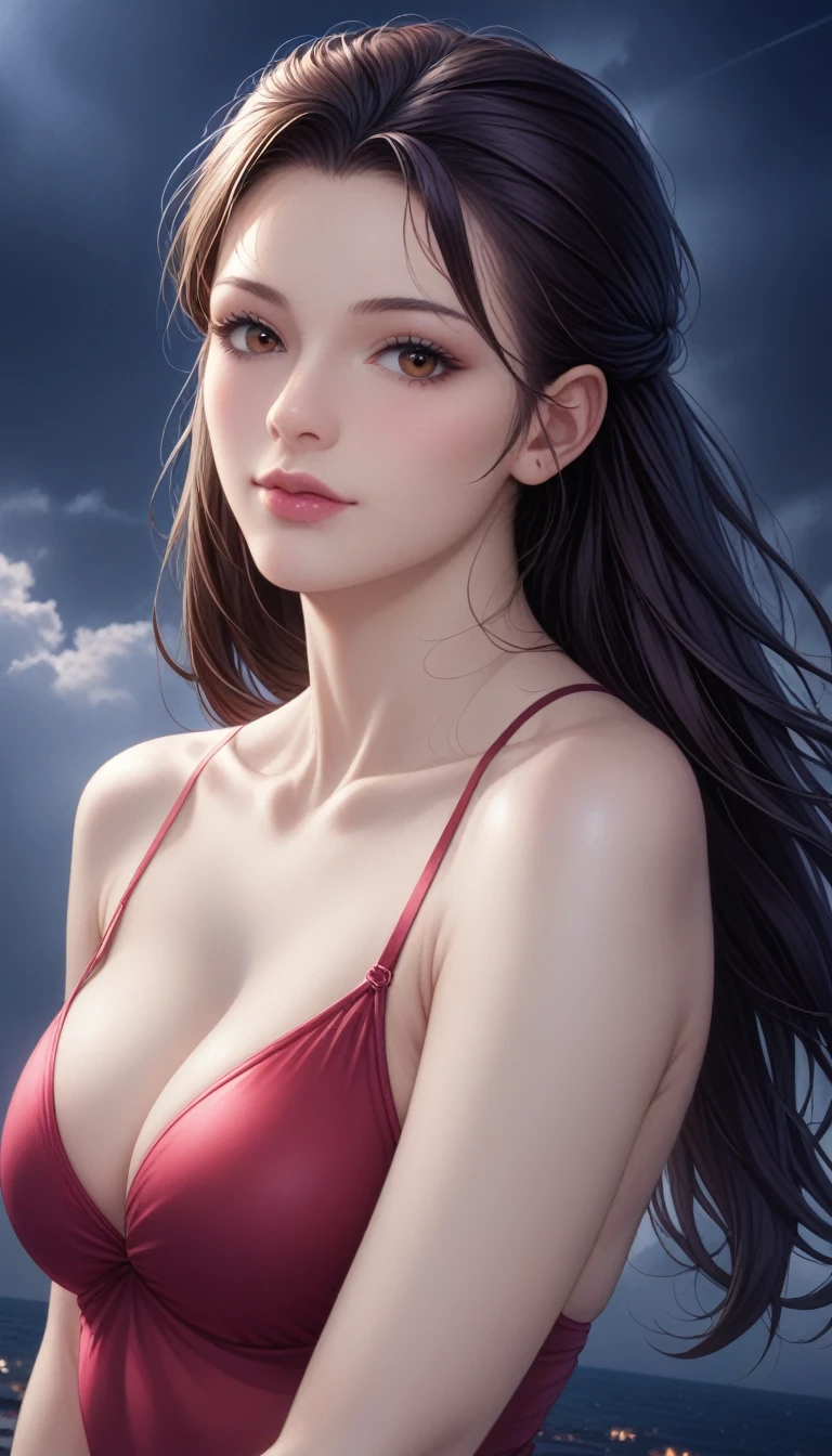 score_9, score_8_superior, score_7_superior, High-resolution CG illustration,A masterpiece in 32K resolution,Highest quality,it is really amazing,Very detailed,Ultra-high resolution,Ultra-realistic,Realistic,Increased depth of field,Cinematic lighting,
Sexy mature Japan woman,
Straight long hair with black hair,Ultra-detailed and beautiful face,Calm and gentle look,Beautiful brown eyes,Translucent white skin,Realistic skin texture,Great proportions,
Elegant red swimsuit,
Simple design,Chic color scheme based on red,Detailed fabric texture,
(Dark overcast sky on a dull night:1.1),(Dark clouds filling the sky:1.1),Thundercloud,Coastline at night,Stormy seas,delay々A desolate sandy beach that continues,
Cinematic,Beautiful back view,