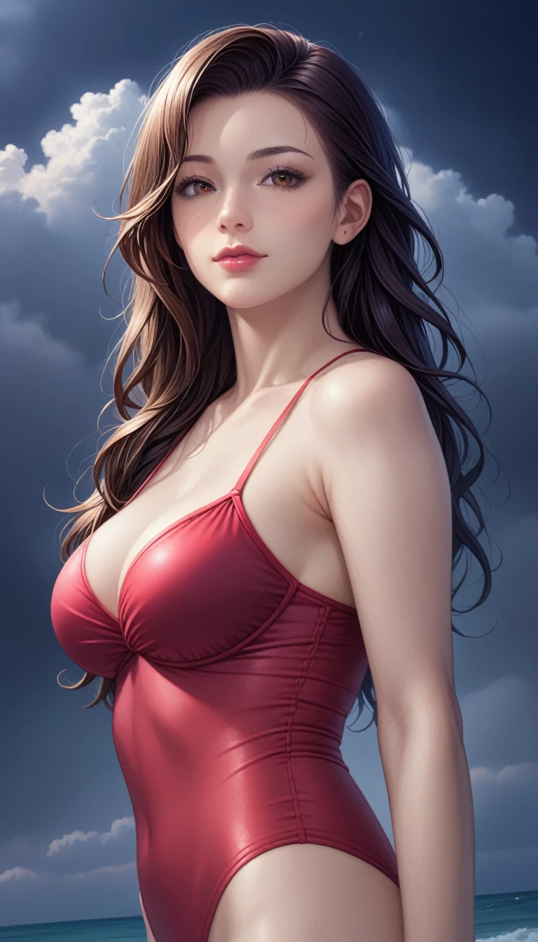 score_9, score_8_superior, score_7_superior, High-resolution CG illustration,A masterpiece in 32K resolution,Highest quality,it is really amazing,Very detailed,Ultra-high resolution,Ultra-realistic,Realistic,Increased depth of field,Cinematic lighting,
Sexy mature Japan woman,
Straight long hair with black hair,Ultra-detailed and beautiful face,Calm and gentle look,Beautiful brown eyes,Translucent white skin,Realistic skin texture,Great proportions,
Elegant red swimsuit,
Simple design,Chic color scheme based on red,Detailed fabric texture,
(Dark overcast sky on a dull night:1.1),(Dark clouds filling the sky:1.1),Thundercloud,Coastline at night,Stormy seas,delay々A desolate sandy beach that continues,
Cinematic,Beautiful back view,