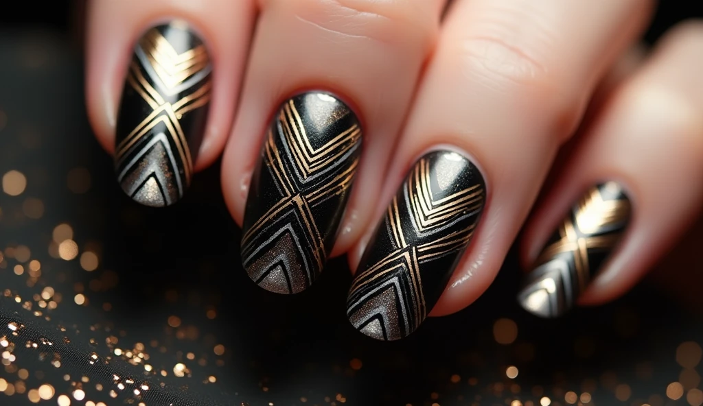 **Art Deco Nail Art:** This design showcases elegant Art Deco patterns with sharp lines, chevrons, and metallic accents in gold, silver, and black. The background is a luxurious, dark hue with a subtle shimmer, enhancing the geometric elegance of the Art Deco style. The result is a sophisticated and glamorous look reminiscent of the 1920s.