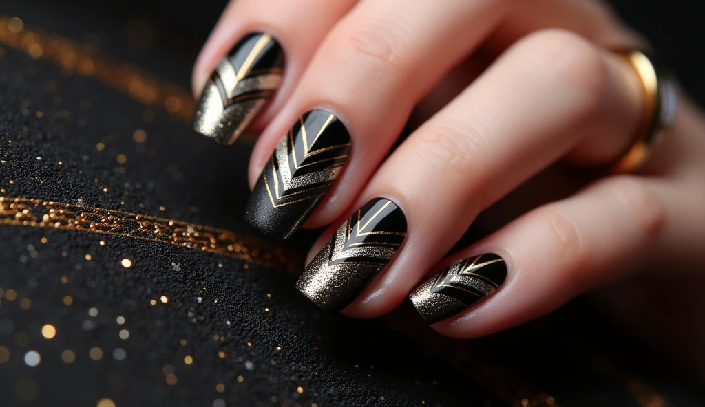**Art Deco Nail Art:** This design showcases elegant Art Deco patterns with sharp lines, chevrons, and metallic accents in gold, silver, and black. The background is a luxurious, dark hue with a subtle shimmer, enhancing the geometric elegance of the Art Deco style. The result is a sophisticated and glamorous look reminiscent of the 1920s.
