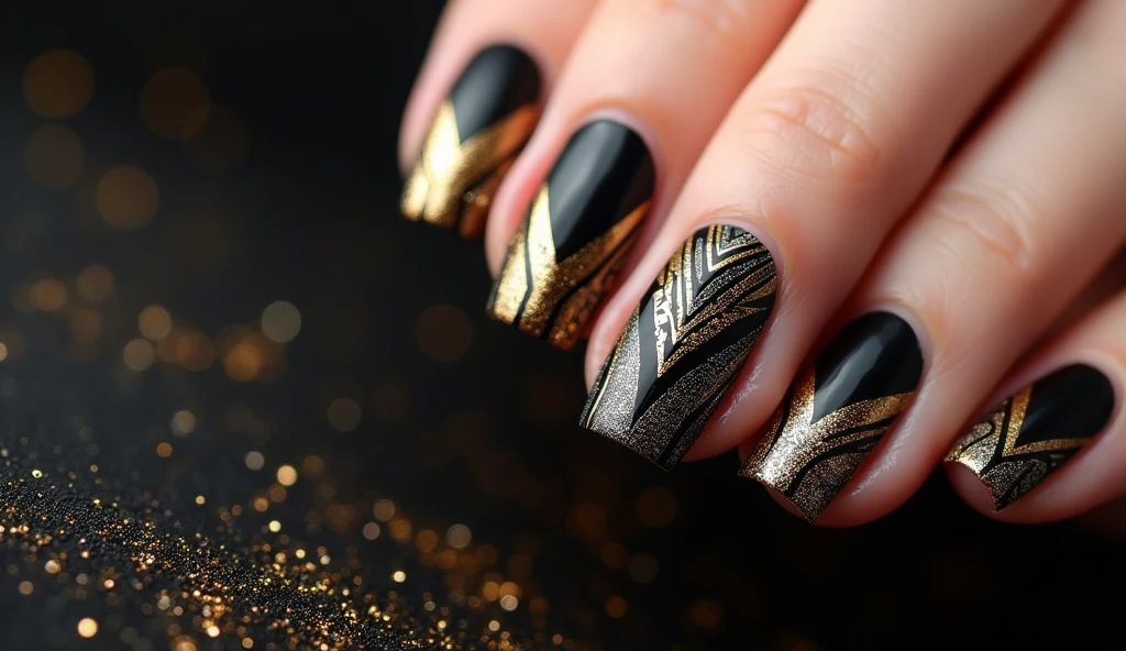 **Art Deco Nail Art:** This design showcases elegant Art Deco patterns with sharp lines, chevrons, and metallic accents in gold, silver, and black. The background is a luxurious, dark hue with a subtle shimmer, enhancing the geometric elegance of the Art Deco style. The result is a sophisticated and glamorous look reminiscent of the 1920s.