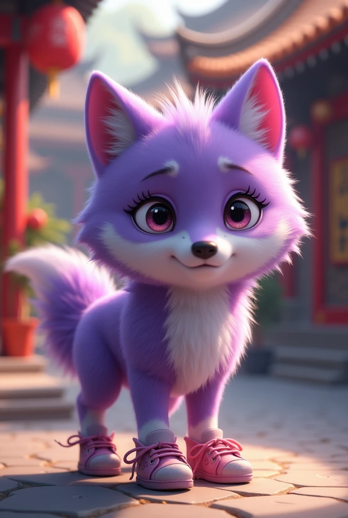 a purple wolf,Realistic and cute,standing,sideways,Wearing shoes,walking carefully,The expression is nervous,Move carefully,background chinese style,The expression is nervous