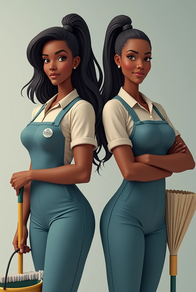 deux belle femme different de forme et de peau aficaine au couleur brun cheveux noir et lisse attache au milieux, en blouson de service de nettoyage tenant les outil de netoyage.