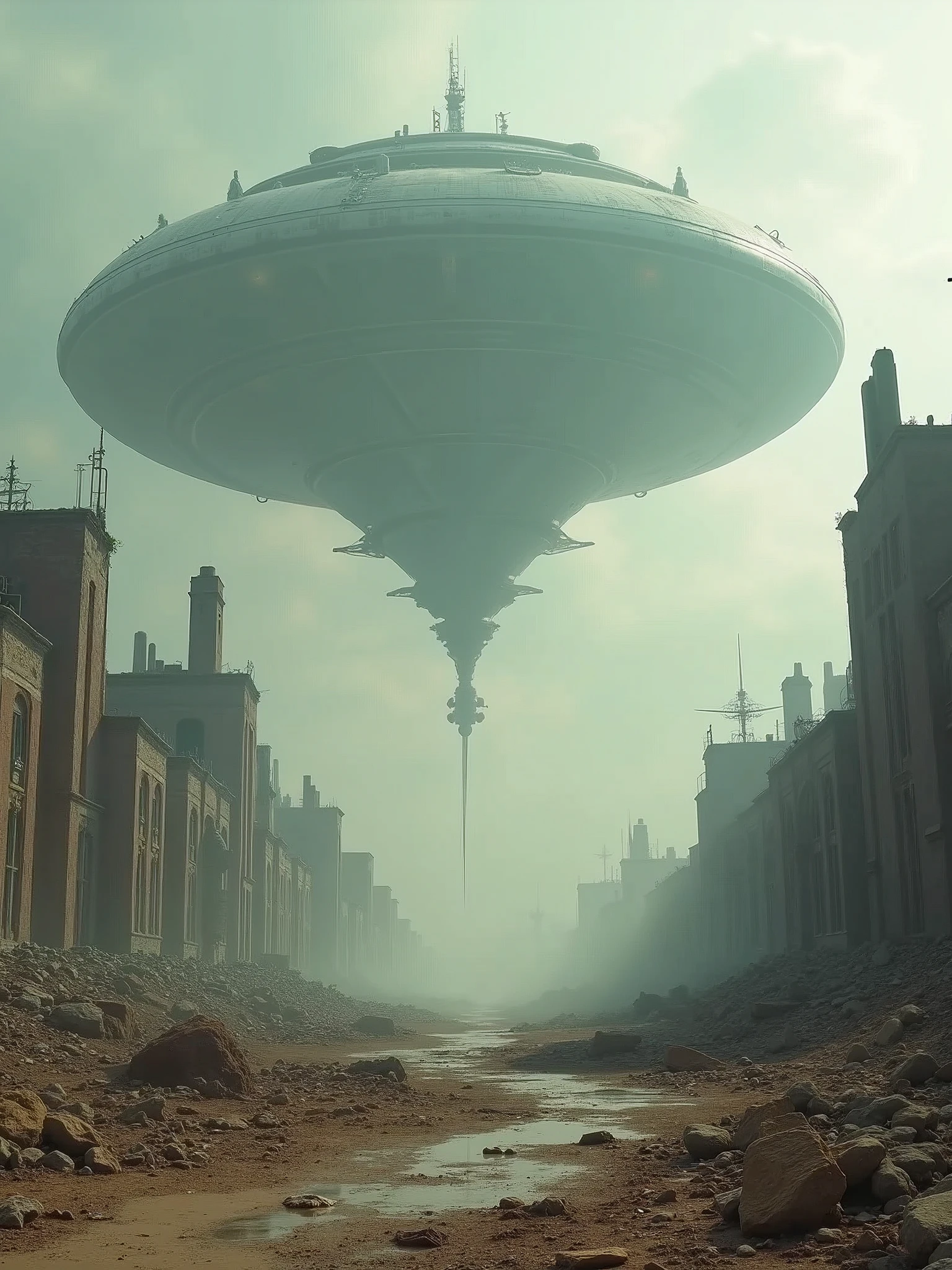 The camera pans over the remnants of human civilization, establishing the bleak aftermath of the war. Alien ships hover ominously above, casting long shadows. The world feels empty, with only the sound of the wind and occasional crumbling structures.