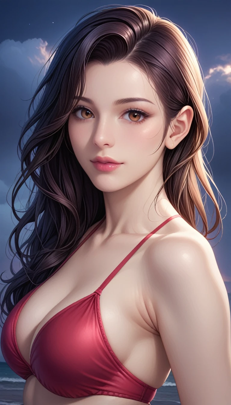 score_9, score_8_superior, score_7_superior, High-resolution CG illustration,A masterpiece in 32K resolution,Highest quality,it is really amazing,Very detailed,Ultra-high resolution,Ultra-realistic,Realistic,Increased depth of field,Cinematic lighting,
Sexy mature Japan woman,
Straight long hair with black hair,Ultra-detailed and beautiful face,Calm and gentle look,Beautiful brown eyes,Translucent white skin,Realistic skin texture,Great proportions,
Elegant red swimsuit,
Simple design,Chic color scheme based on red,Detailed fabric texture,
(Dark overcast sky on a dull night:1.1),(Dark clouds filling the sky:1.1),Thundercloud,Coastline at night,Stormy seas,delay々A desolate sandy beach that continues,
Cinematic,Beautiful back view,
