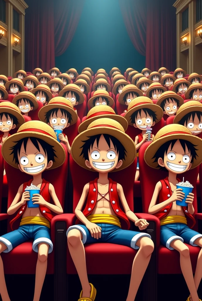 Create an image of 19 Luffy sitting together in theater