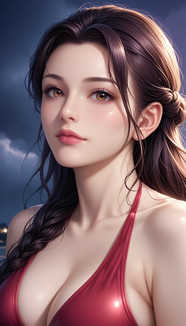 score_9, score_8_superior, score_7_superior, High-resolution CG illustration,A masterpiece in 32K resolution,Highest quality,it is really amazing,Very detailed,Ultra-high resolution,Ultra-realistic,Realistic,Increased depth of field,Cinematic lighting,
Sexy mature Japan woman,
Straight long hair with black hair,Ultra-detailed and beautiful face,Calm and gentle look,Beautiful brown eyes,Translucent white skin,Realistic skin texture,Great proportions,
Elegant red swimsuit,
Simple design,Chic color scheme based on red,Detailed fabric texture,
(Dark overcast sky on a dull night:1.1),(Dark clouds filling the sky:1.1),Thundercloud,Coastline at night,Stormy seas,delay々A desolate sandy beach that continues,
Cinematic,Beautiful back view,
