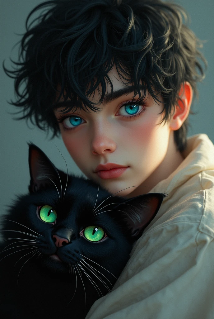 A teenage white male with black hair and heterochromatic eyes, one blue and the other green, with a black cat with heterochromatic eyes, one blue and the other green.