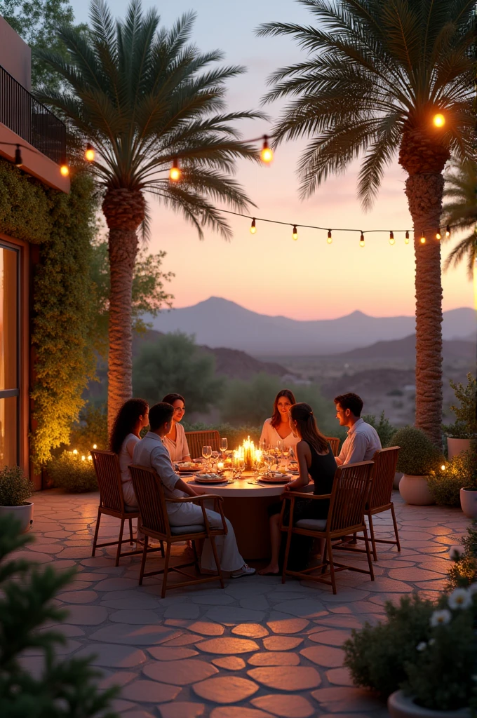 A beautiful backyard  dinner on desert   with chairs  and big screen tv and fan