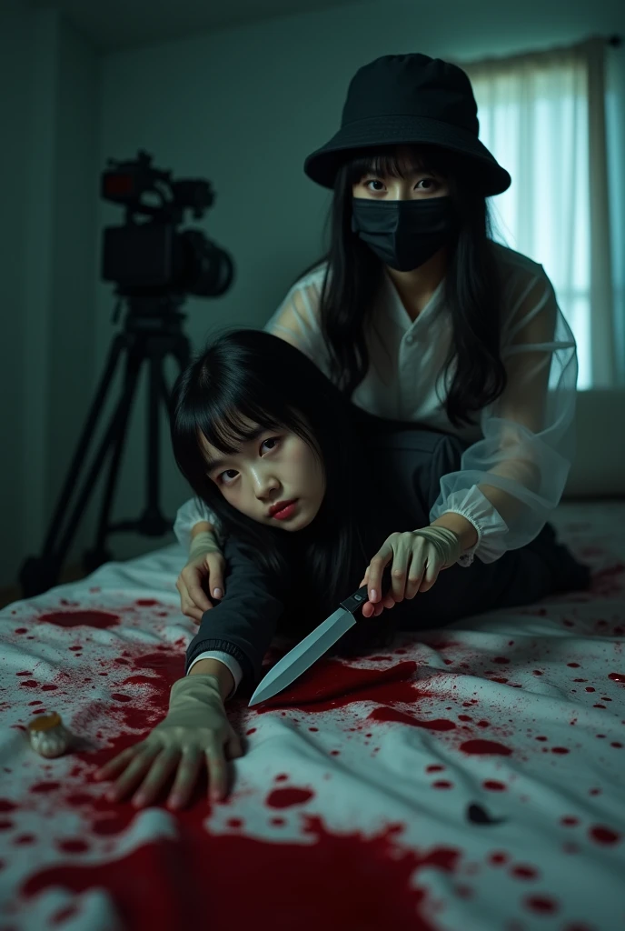 korean girl, (behind corpse, holding knife), black surgical mask, leather gloves, room full of blood, transparent raincoat, black bucket hat, holding knife, leather gloves, woman on top, behind corpse, blood splatter, bed room, night, mass murderer, killer, long bangs, blood splatter, dark atmosphere, cinematic lighting, atmospheric realistic, close-up, tripod and camera in the back, shooting with camera
