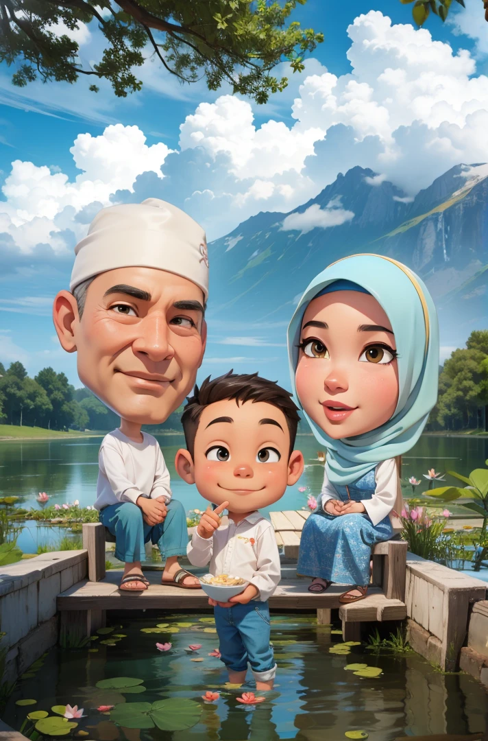 3D Cartoon, big head, Family, father and mother sitting, Mother wears hijab, and son standing, background of lake with lotus flowers in the water, beautiful clouds and sky, , Smile, beautiful hair, 3D render, 3D Cartoon, big head, cartoonish look, high resolution, super detail, soft lighting