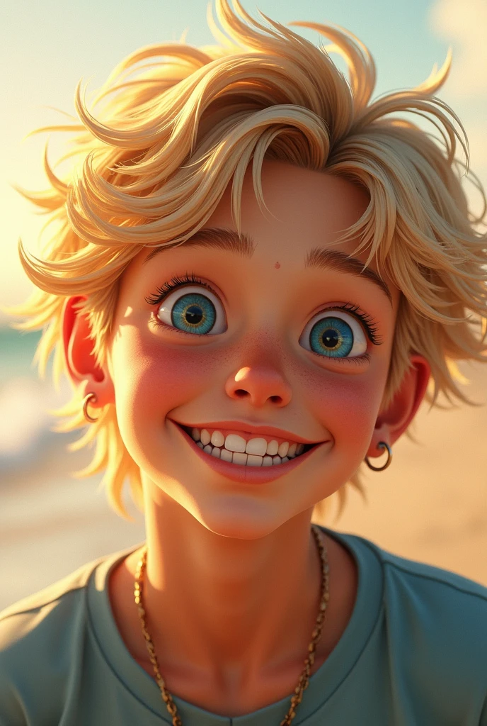 An 18-year-old boy with gelled sea blonde hair. He smiles broadly and looks at Hush in the suit