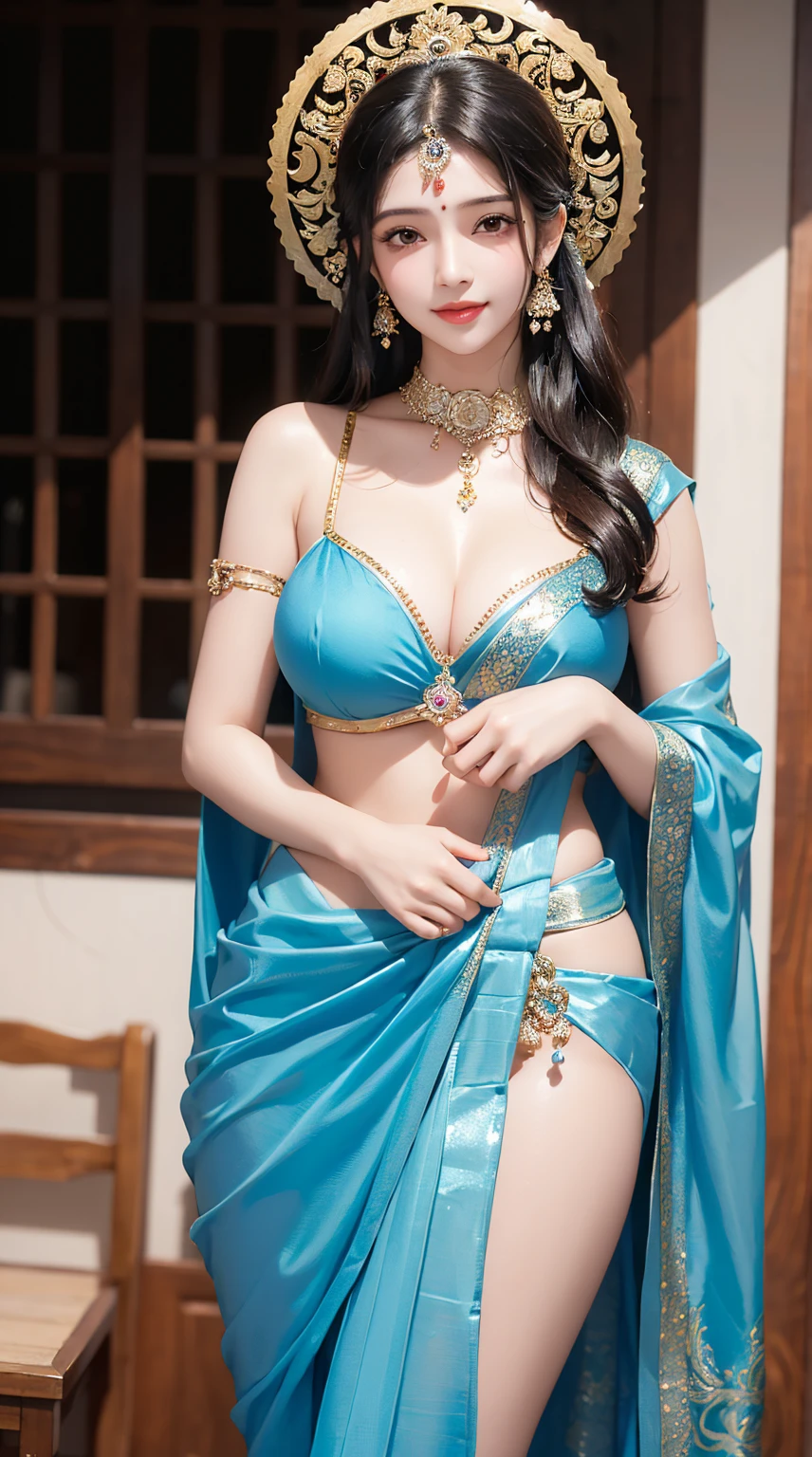 1girl, cute face,pretty face, jaw dropping beauty, cute smile, indian girl, cute indian girl, bindi, ((beautiful bindi)), ((beautiful shiny accessories)), accessories, pony tail,((sanskari dress)), ((pure kapde)),full saree,((full light blue saree)),((full blouse)), ((ultra high detailed 1.9)),((ultra high resolution 1.9)),((ultra high quality 1.9)),(masterpiece)), (perfect lightings), (very Big breasts 1.9)), ultra huge breast ,
