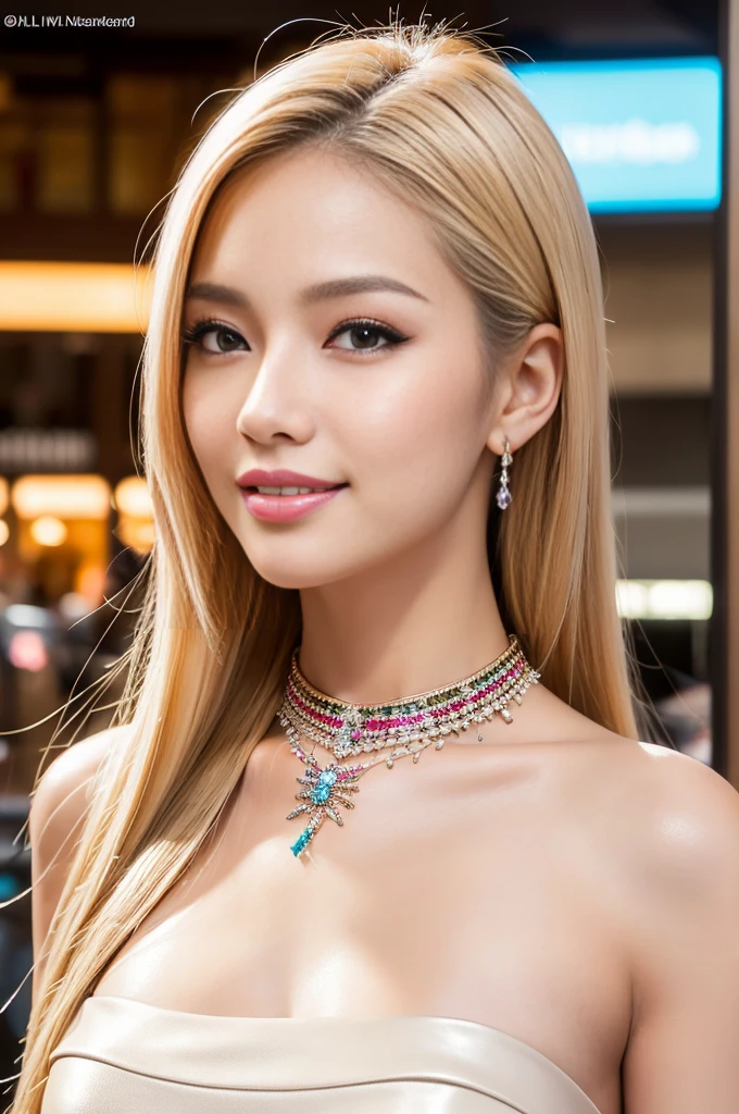 (masterpiece:1.4), (best quality:1.4), ultra high res, ultra high resolution, ((detailed facial features)), HDR, (realistic, photorealistic, photo-realistic:1.37), closeup, sexy seductive Thai woman, (seductive smile), long lashes, beautiful makeup, platinum blonde hair, fair skin, slender figure, elegant posture, wearing large sparkling colorful jewelery, wearing a business style leather dress, standing in a large shopping mall, gentle sunlight shining through the shopping mall windows, casting a soft glow on her face, adding warmth to the scene, vibrant colors, capturing the essence of vibrant city life, portrait style, showcasing her natural beauty and grace in a feminine way