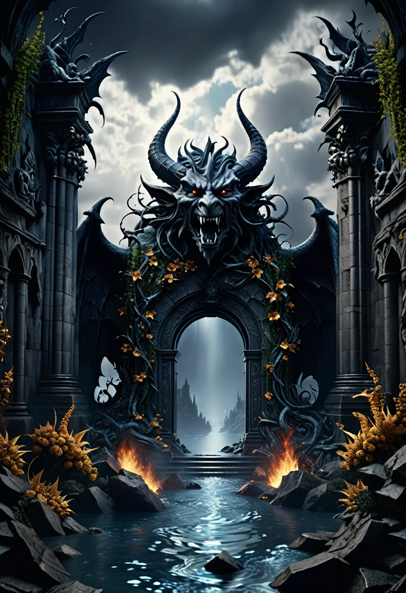 a demonic portal to hell, an entrance to the underworld, gargoyles, blue sky, silver plants and flowers, magical forest, mystical water and river, magical symbols and runes, the 7 deadly sins, hell, demons, fallen angels, best quality, 8k, hyperdetailed, photorealistic, dramatic lighting, dark fantasy, gothic, moody, dramatic
