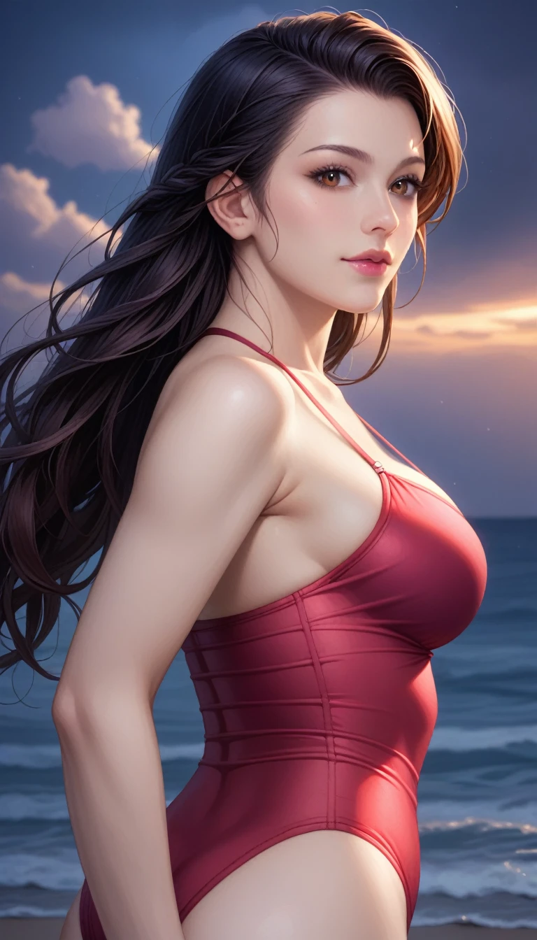score_9, score_8_superior, score_7_superior, High-resolution CG illustration,A masterpiece in 32K resolution,Highest quality,it is really amazing,Very detailed,Ultra-high resolution,Ultra-realistic,Realistic,Increased depth of field,Cinematic lighting,
Sexy mature Japan woman,
Straight long hair with black hair,Ultra-detailed and beautiful face,Calm and gentle look,Beautiful brown eyes,Translucent white skin,Realistic skin texture,Great proportions,
Elegant red swimsuit,
Simple design,Chic color scheme based on red,Detailed fabric texture,
(Dark overcast sky on a dull night:1.1),(Dark clouds filling the sky:1.1),Thundercloud,Coastline at night,Stormy seas,delay々A desolate sandy beach that continues,
Cinematic,Beautiful back view,