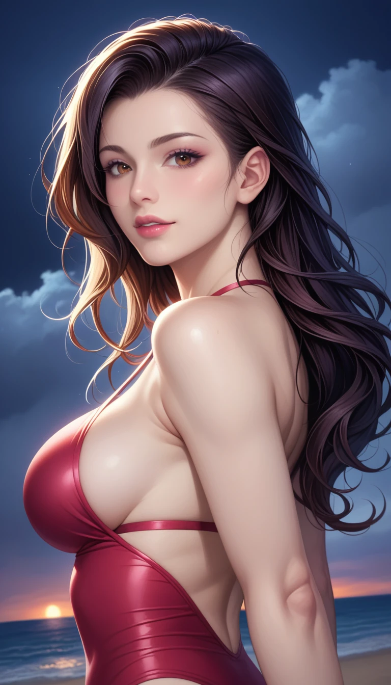 score_9, score_8_superior, score_7_superior, High-resolution CG illustration,A masterpiece in 32K resolution,Highest quality,it is really amazing,Very detailed,Ultra-high resolution,Ultra-realistic,Realistic,Increased depth of field,Cinematic lighting,
Sexy mature Japan woman,
Straight long hair with black hair,Ultra-detailed and beautiful face,Calm and gentle look,Beautiful brown eyes,Translucent white skin,Realistic skin texture,Great proportions,
Elegant red swimsuit,
Simple design,Chic color scheme based on red,Detailed fabric texture,
(Dark overcast sky on a dull night:1.1),(Dark clouds filling the sky:1.1),Thundercloud,Coastline at night,Stormy seas,delay々A desolate sandy beach that continues,
Cinematic,Beautiful back view,
