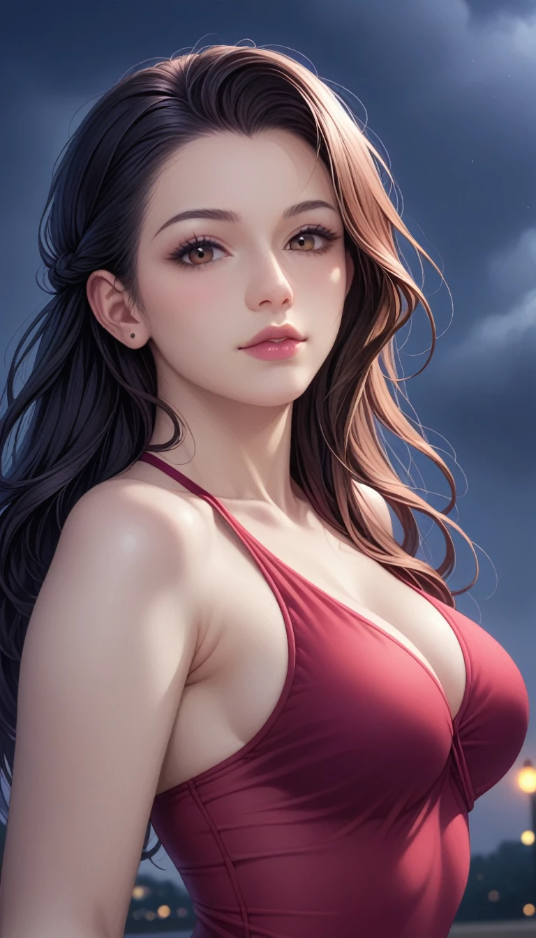 score_9, score_8_superior, score_7_superior, High-resolution CG illustration,A masterpiece in 32K resolution,Highest quality,it is really amazing,Very detailed,Ultra-high resolution,Ultra-realistic,Realistic,Increased depth of field,Cinematic lighting,
Sexy mature Japan woman,
Straight long hair with black hair,Ultra-detailed and beautiful face,Calm and gentle look,Beautiful brown eyes,Translucent white skin,Realistic skin texture,Great proportions,
Elegant red swimsuit,
Simple design,Chic color scheme based on red,Detailed fabric texture,
(Dark overcast sky on a dull night:1.1),(Dark clouds filling the sky:1.1),Thundercloud,Coastline at night,Stormy seas,delay々A desolate sandy beach that continues,
Cinematic,Beautiful back view,