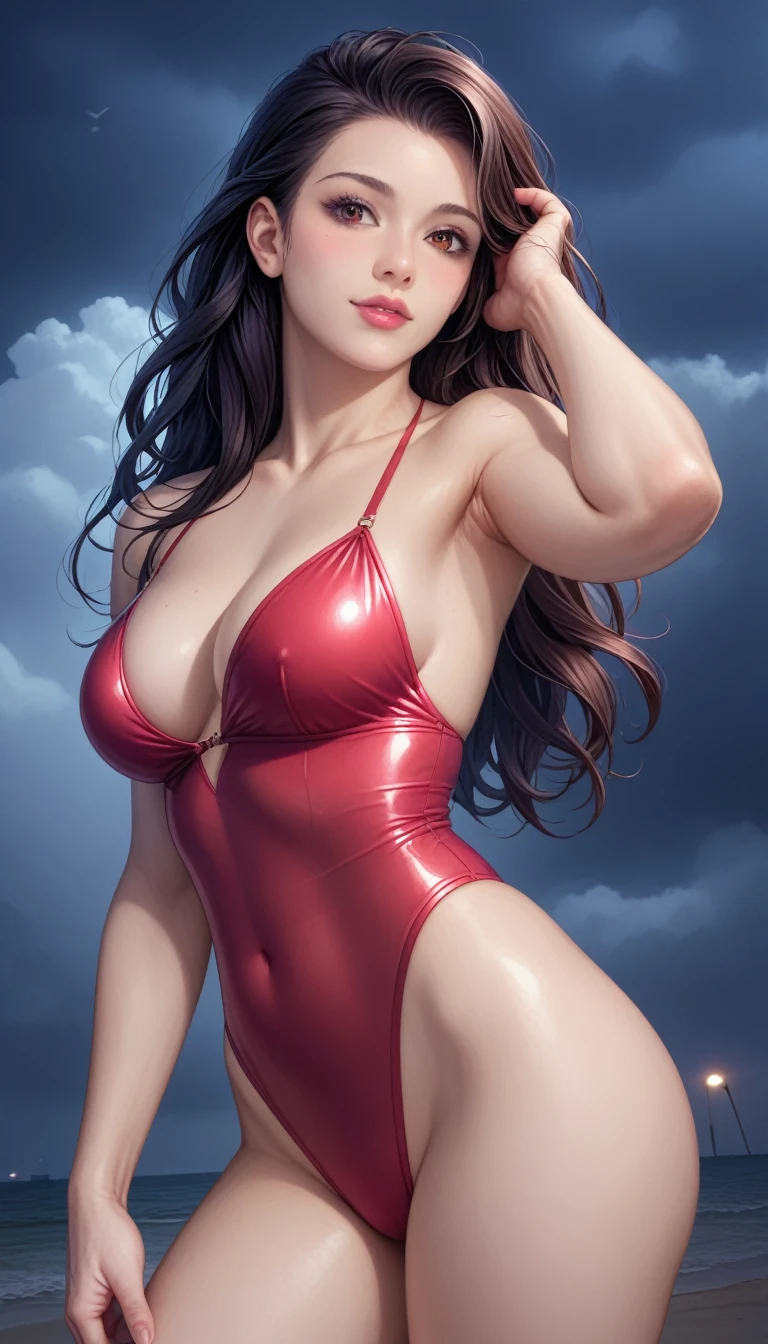 score_9, score_8_superior, score_7_superior, High-resolution CG illustration,A masterpiece in 32K resolution,Highest quality,it is really amazing,Very detailed,Ultra-high resolution,Ultra-realistic,Realistic,Increased depth of field,Cinematic lighting,
Sexy mature Japan woman,
Straight long hair with black hair,Ultra-detailed and beautiful face,Calm and gentle look,Beautiful brown eyes,Translucent white skin,Realistic skin texture,Great proportions,
Elegant red swimsuit,
Simple design,Chic color scheme based on red,Detailed fabric texture,
(Dark overcast sky on a dull night:1.1),(Dark clouds filling the sky:1.1),Thundercloud,Coastline at night,Stormy seas,delay々A desolate sandy beach that continues,
Cinematic,Beautiful back view,
