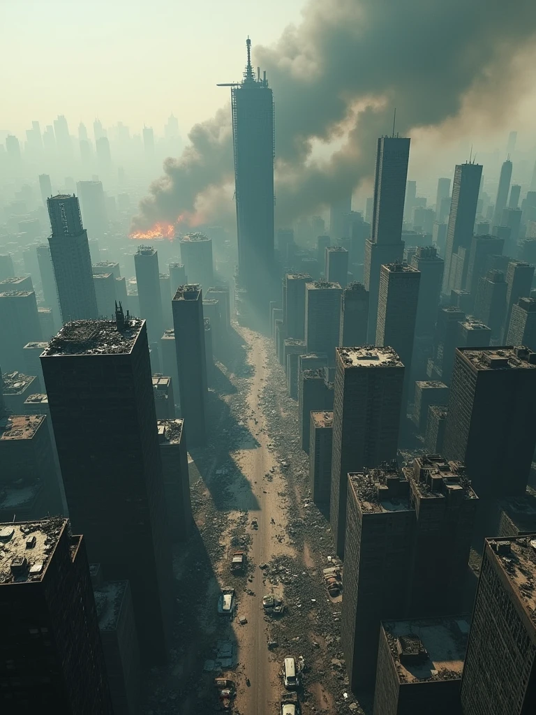 Visuals: A sweeping aerial shot over a devastated city. Skyscrapers lie in ruins, smoke billows from fires, and the sky is a murky gray.