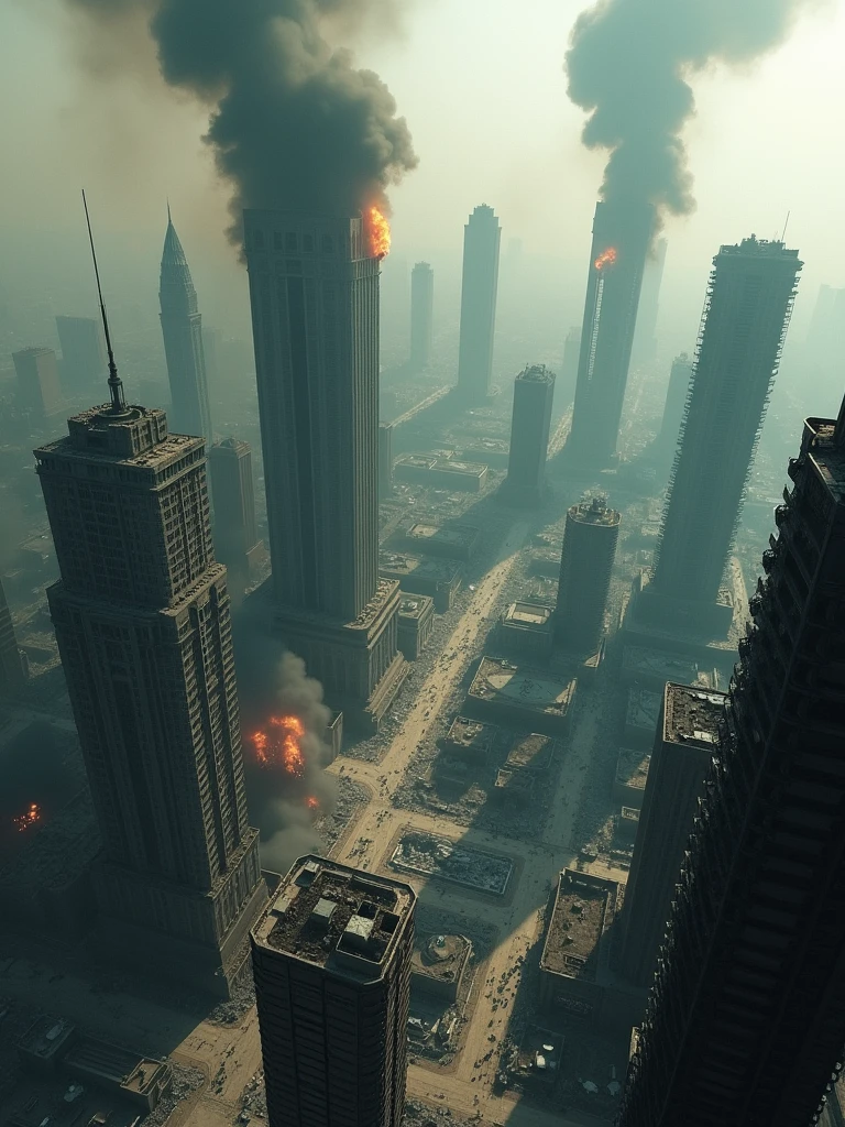 city ruins,smoke of gunpowder,smog,Gloomy day,Close-up of eye height,frontage,Horizontal