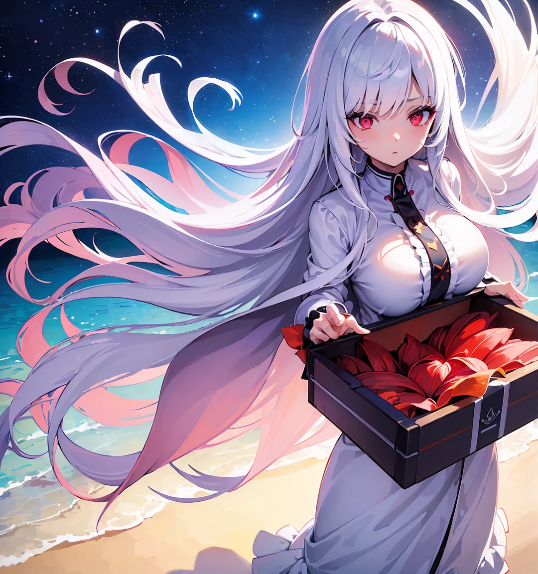 [(Transparent background:1.5)::5],(((masterpiece))),(((best quality))),(((extremely detailed))),illustration, 1girl,solo,mysterious,vivid color,shiny, (white hair),(red eyes), full body,barefoot,long hair tranquil nature, close up,Dynamic actions,Lens perspective, beach(((Box composition))), volumetric lighting, multi-color eyes, detailed eyes, hyper detail