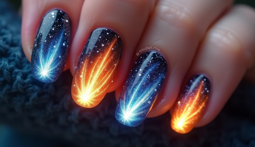 **Meteor Shower Nail Art:** The nails depict a meteor shower streaking across a dark night sky, with glowing trails of light in bright colors like orange, yellow, and blue. The background continues the celestial theme, with subtle stars and a soft gradient of dark blues and blacks.