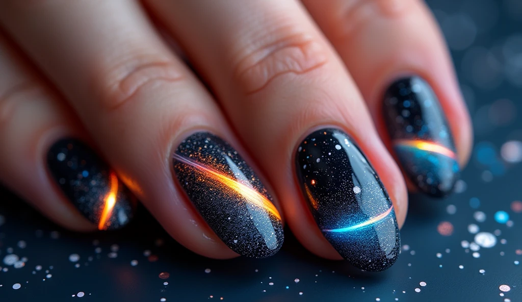 **Meteor Shower Nail Art:** The nails depict a meteor shower streaking across a dark night sky, with glowing trails of light in bright colors like orange, yellow, and blue. The background continues the celestial theme, with subtle stars and a soft gradient of dark blues and blacks.