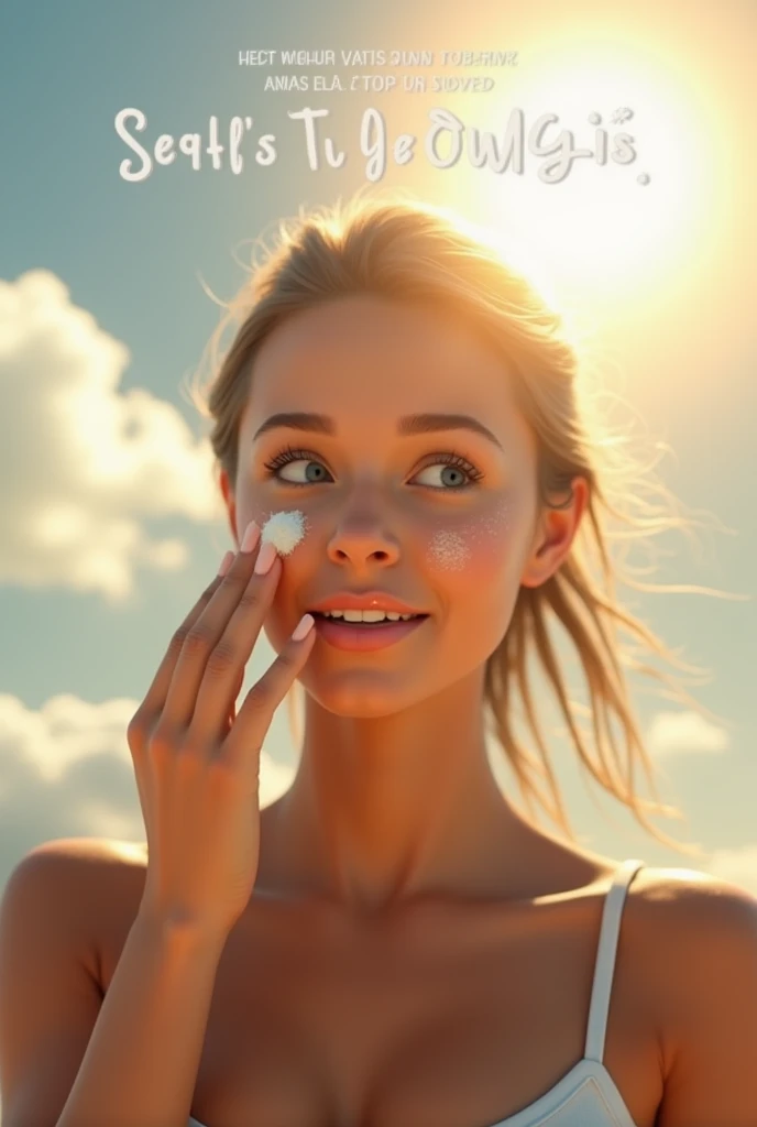 Show a person applying sunscreen to their face, with the sun and clouds in the background. Add a text overlay "Protect your skin, even on cloudy days."