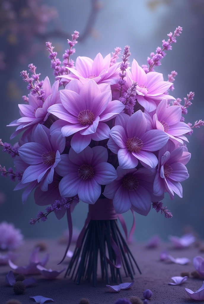 A beautifully wrapped bouquet of purple flowers, magical and fairy-like.