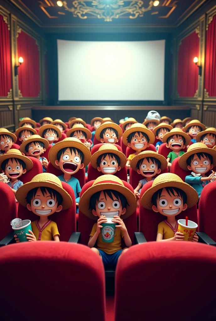 Create an image of 9 Luffy in different gears sitting together in theater