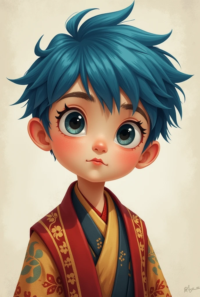 make a boy wearing traditional clothes with blue hair and black eyes