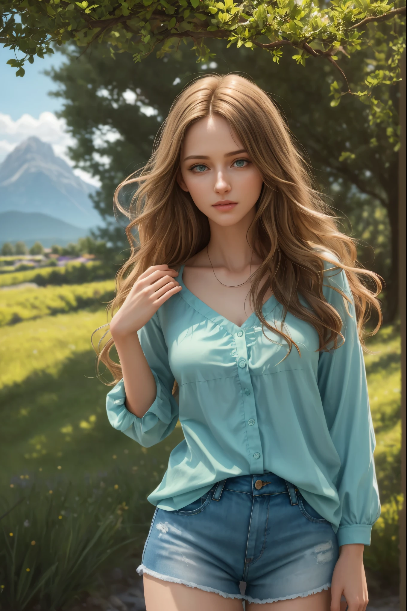 Masterpiece, Young Beautiful Girl has long hazel hair and green eyes, 1girl, AS-Adult, long-haired, hazel hair, small-breasts. Green eyes, wavy-hair, no bangs, symmetrical face. She wears a sky blue shirt and shorts. Beautiful legs. (Best Illustration), (beautiful-detailed eyes), (Best Quality Face, Fingers), Symmetrical, smooth, sharp focus, illustration, realistic, artstation, award winning photography, octane render, cinematic lighting from the right, hyper realism, octane render, 8k, depth of field, 3D. She looks at the viewer. Full figure. Background mountains. She is into a lavender field.
