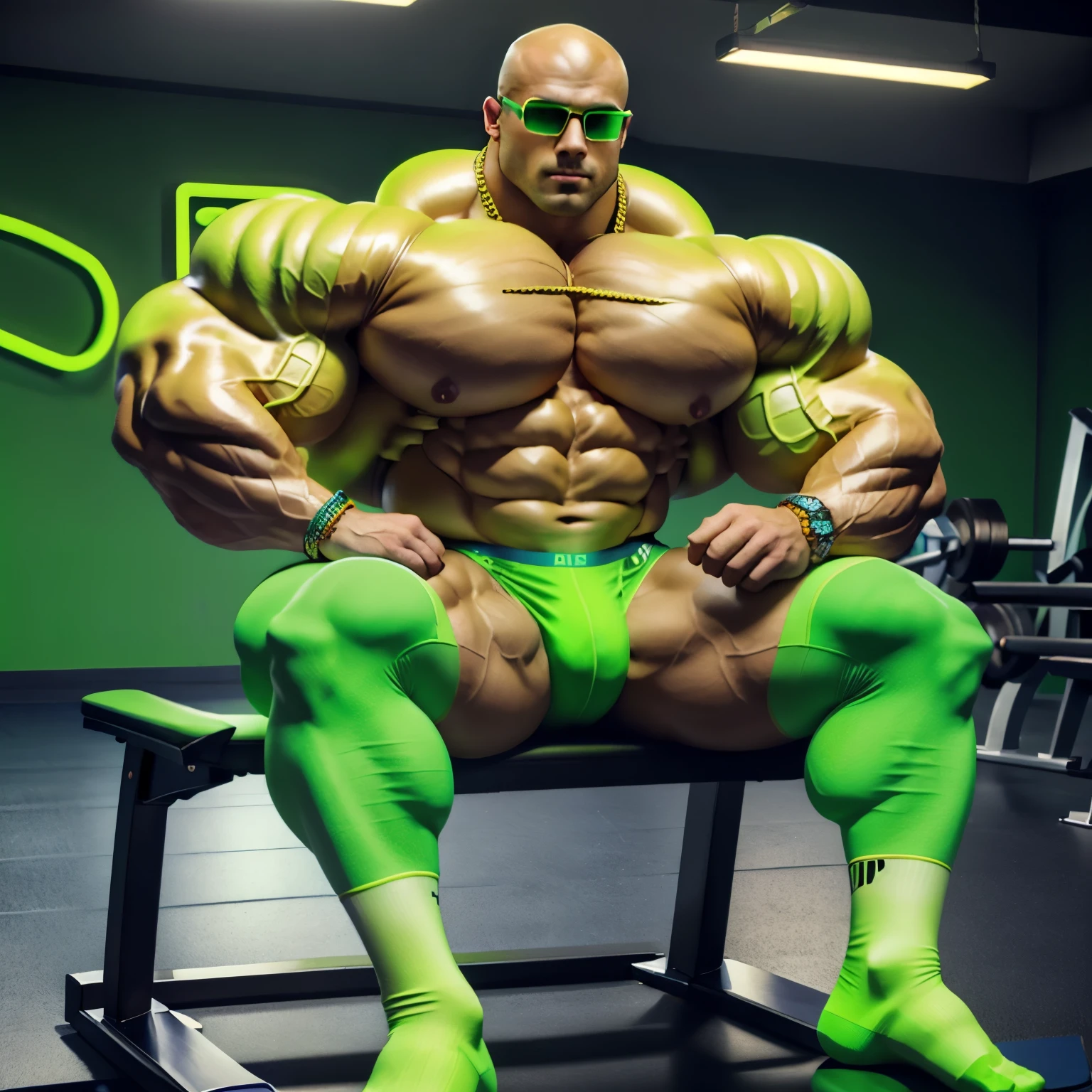 full view, full body, one handsome young artificially tanned white bald over-muscular man in neon-green nylon socks, shirtless wearing neon-green lycra leggings and neon-green sheer socks, no shoes, gold chains, bracelets, rings, arrogantly sitting on bench in his neon-green sheer socks next treadmill in gym, 2 young bodybuilders feeling his muscles, his neon-green sheer socks must be seen