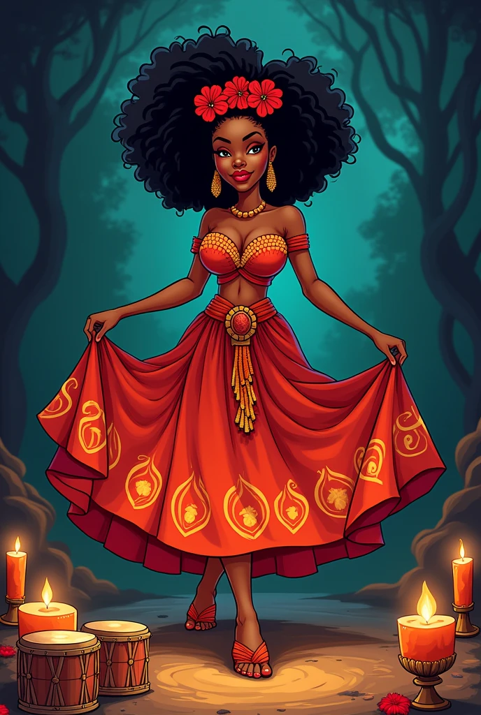 cartoon of a black woman who is moving her skirt, that in the sumano has lit candles, with thick and red lips, big nose, who has curly hair, that has red flowers on his head and drums around him, that contains the black background