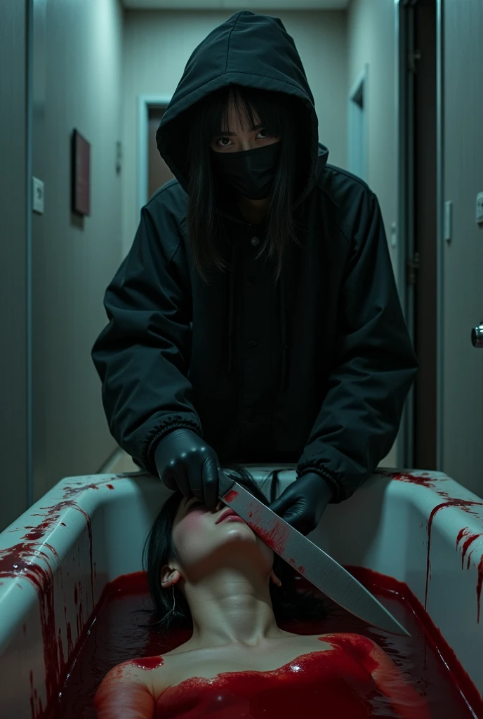 korean girl, (behind corpse, holding knife), black surgical mask, black gloves, bath full of blood, black raincoat, hood up, holding knife, black gloves, plump girl ,looking at viewer, behind corpse, blood splatter, night, mass murderer, in the hotel, killer, long bangs, blood splatter, dark atmosphere, cinematic lighting, atmospheric realistic, tripod and camera in the back, shooting with camera