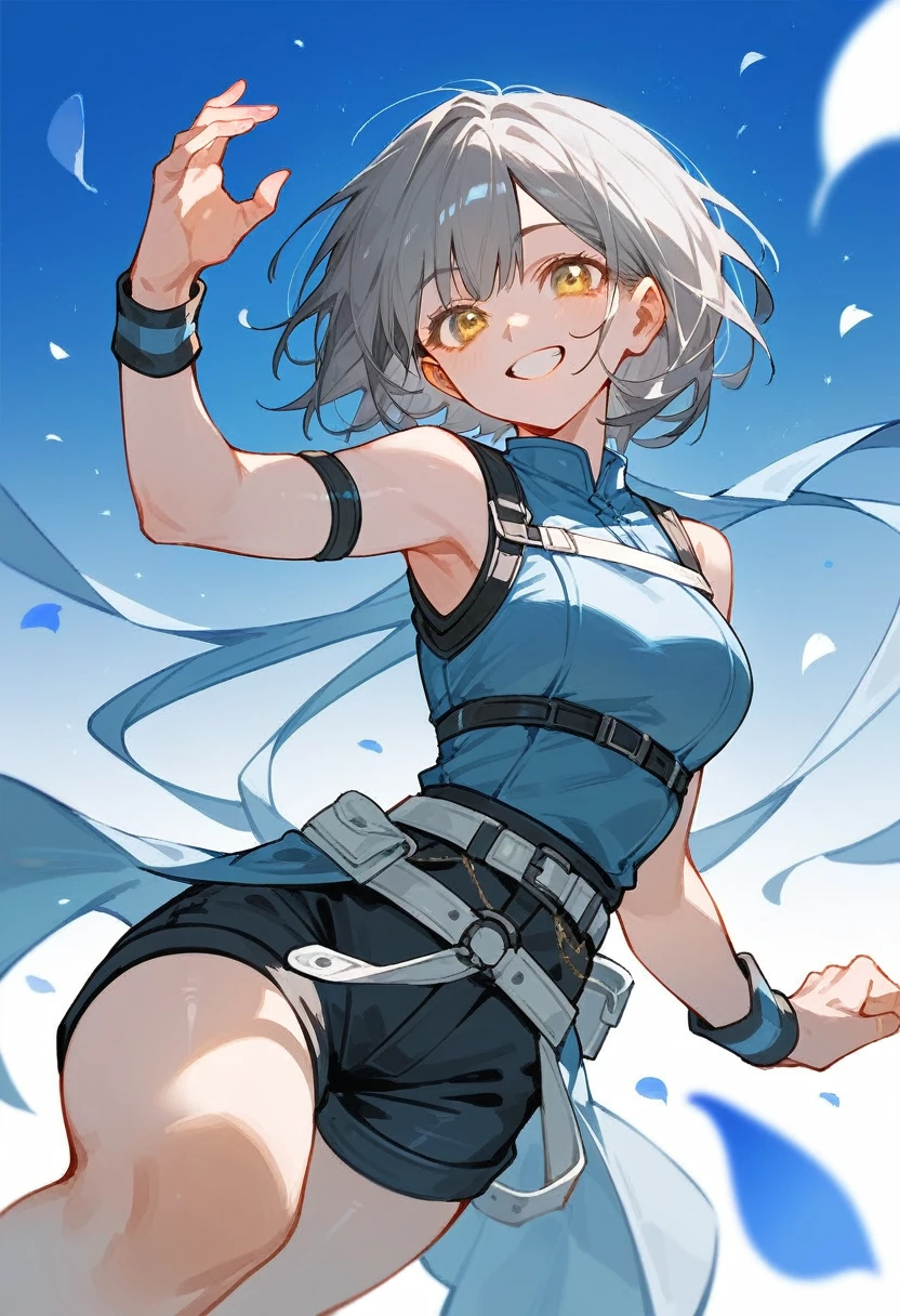 dynamic pose, neat black sleeveless, yellow eyes, dark gray hair, light blue petals, shorts, ((high quality)), lap belt, light blue harness, smile, woman alone, white belt