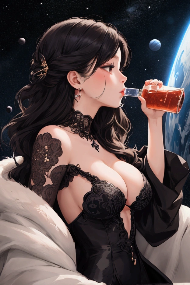 Detailed illustrations、a side profile of a woman drinking from a shot glass、The drink is a universe where planets shine、black bobbed hair is fluttering、Beautiful cleavage