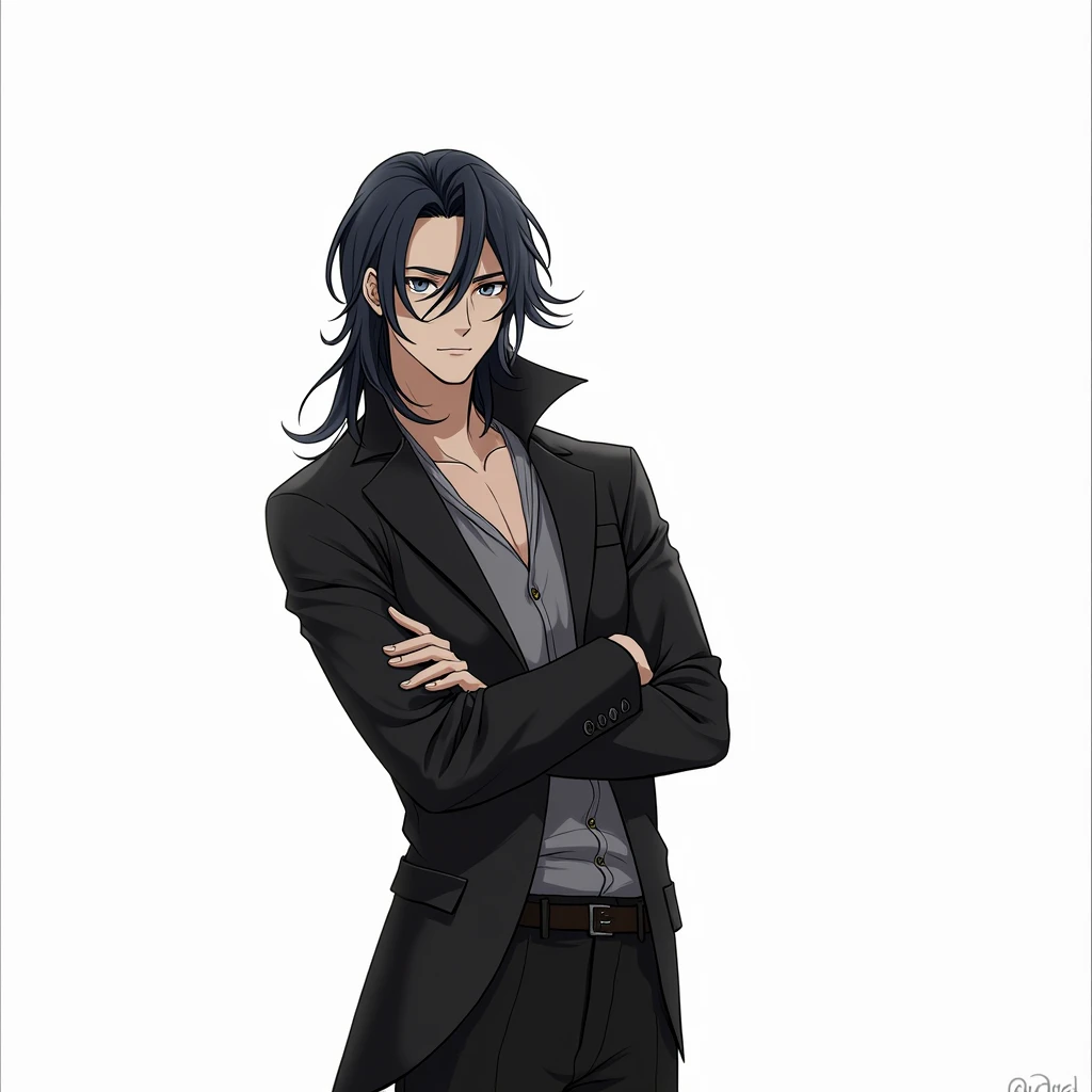 Guy long black hair,grey eyes, beautiful body, Beautiful face, anime art, masterpiece, realistically,