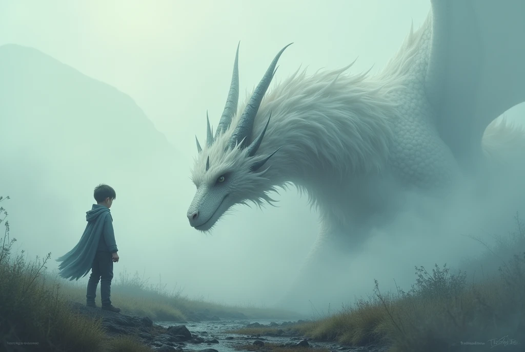 masterpiece, Ultra high definition, A mist of fantastical colors, (((in a thick fog))), Fog is rolling in front, A boy turning his back, A dragon melting into the mist, A beautiful dragon with white fur, No scales, Covered in long hair, The dragon has a long, massive body, (The dragon is faintly visible), It looks at the boy with gentle eyes, The encounter between the dragon and the human, crap