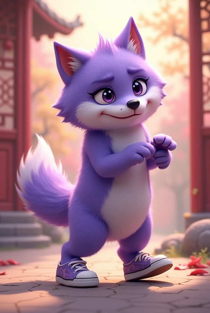 a purple wolf,Realistic and cute,Standing wolf,sideways,Wearing shoes,walking carefully,The expression is nervous,Move carefully,background chinese style,The expression is nervous