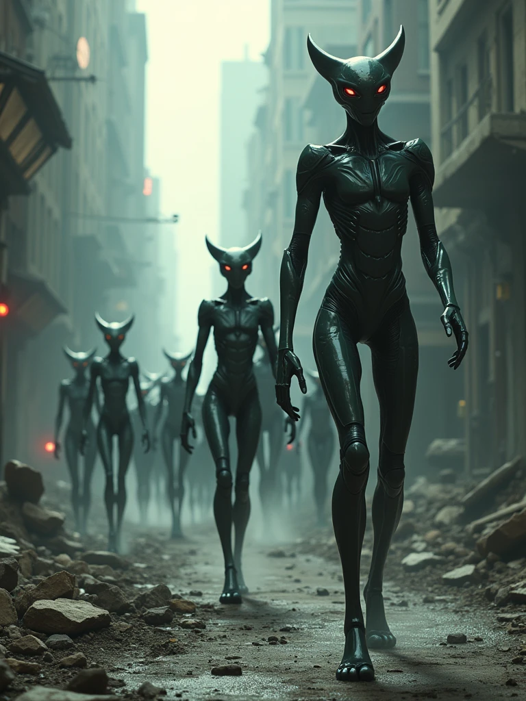 The scene shows the extent of alien rule. The camera follows a group of aliens as they march through the city, highlighting their intimidating presence. Humans are seen cowering or scurrying away, illustrating the fear that pervades society.
