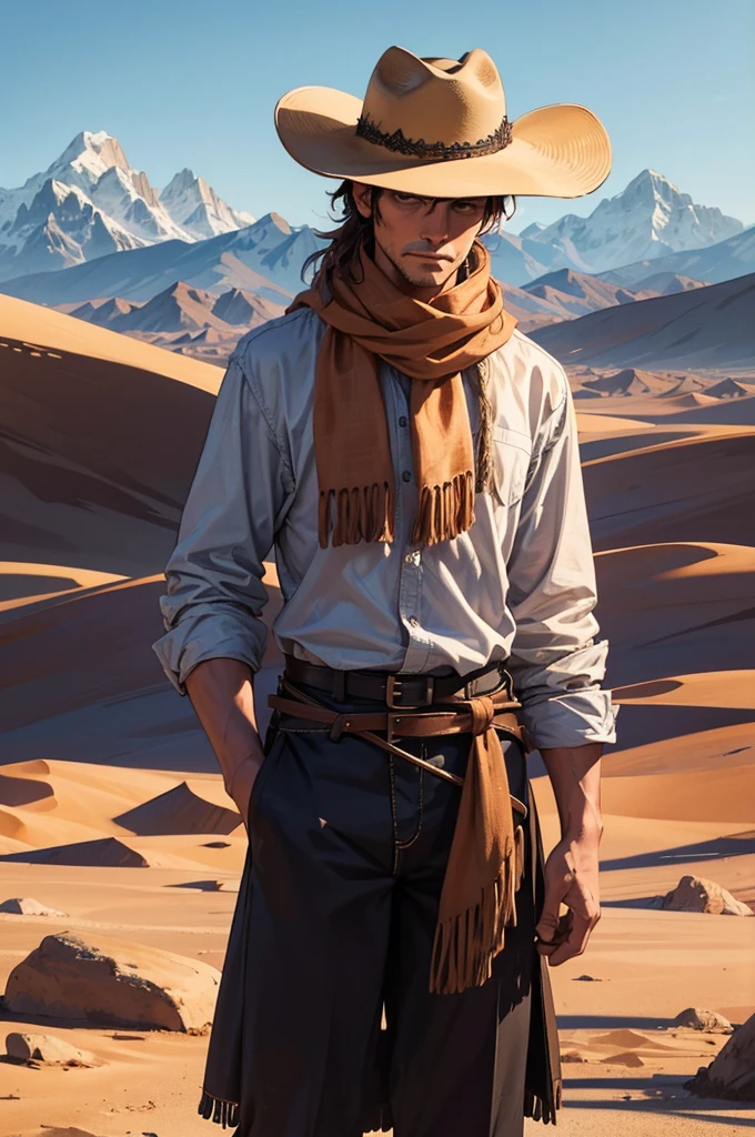 Create A MAN depicting him wearing a cowboy hat, a fringed shirt and a scarf, standing backwards . Place HIM in a desert landscape with mountains in the background and sparse vegetation,
