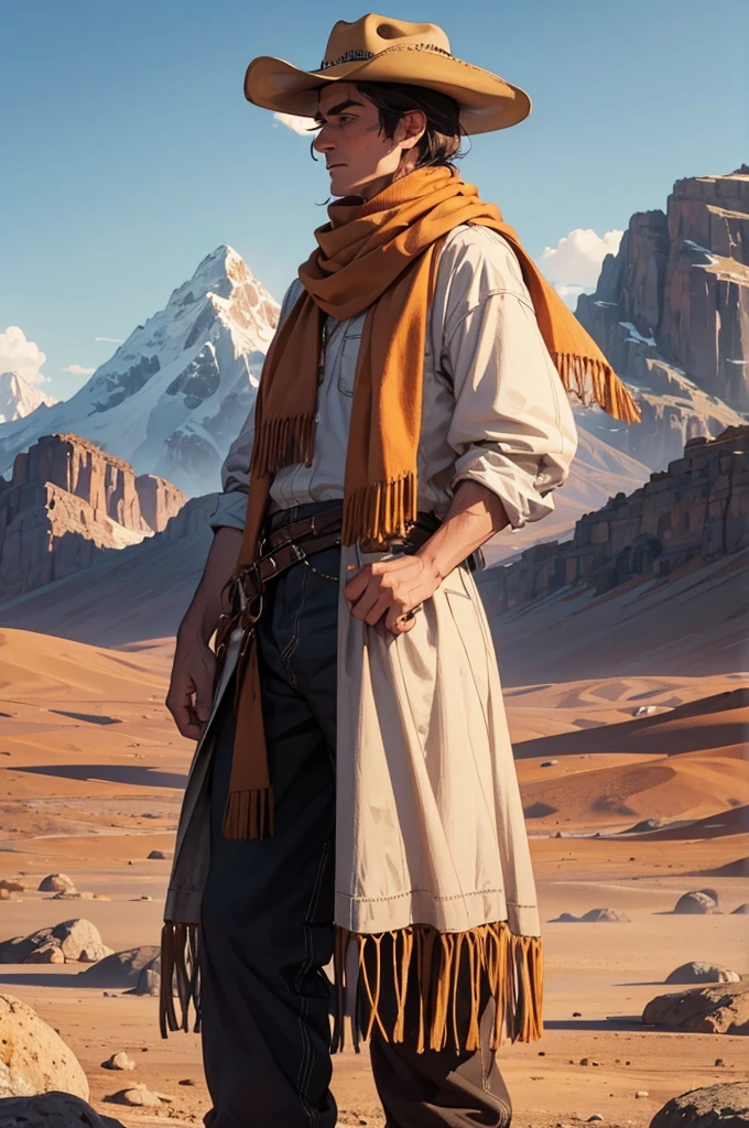 Create A MAN depicting him wearing a cowboy hat, a fringed shirt and a scarf, standing backwards . Place HIM in a desert landscape with mountains in the background and sparse vegetation,
