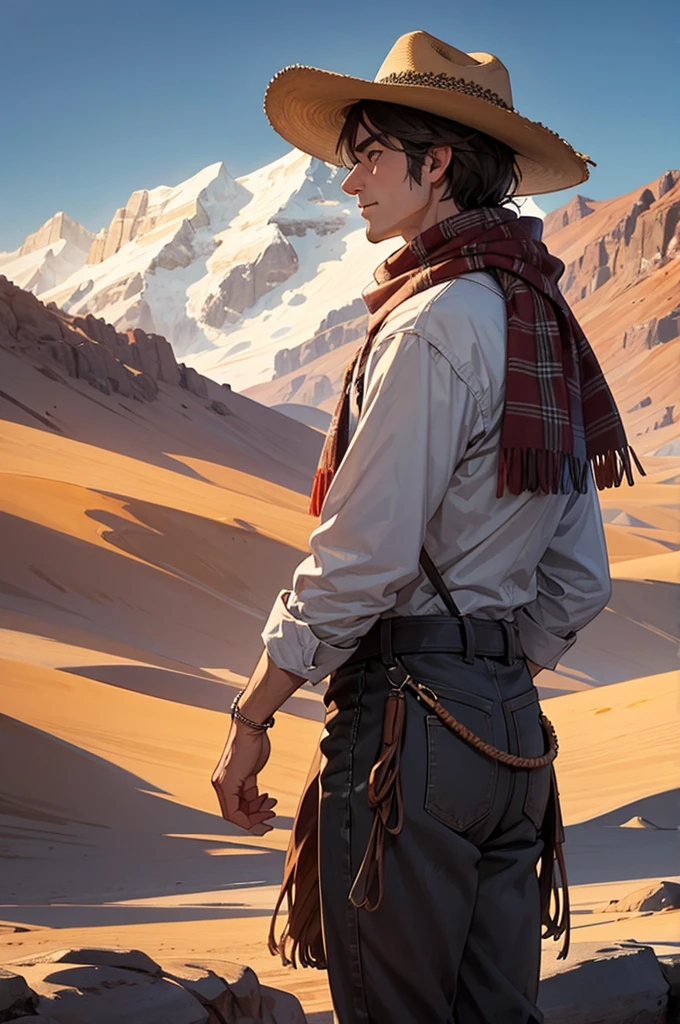 Create A MAN depicting him wearing a cowboy hat, a fringed shirt and a scarf, standing backwards . Place HIM in a desert landscape with mountains in the background and sparse vegetation,