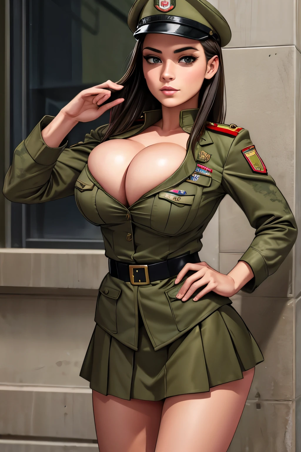 a woman in a military uniform poses for a picture, wearing military outfit, military outfit, army girl outfit, army uniform, military uniform, wearing military uniform, military girl, soldier girl, wearing a military uniform, soldier outfit, army, wearing dirty soldier uniform, military clothing, miltary, uniform, costume, in full military garb, cropped shirt with jacket, cleavage, short skirt, bare legs, miltary boots