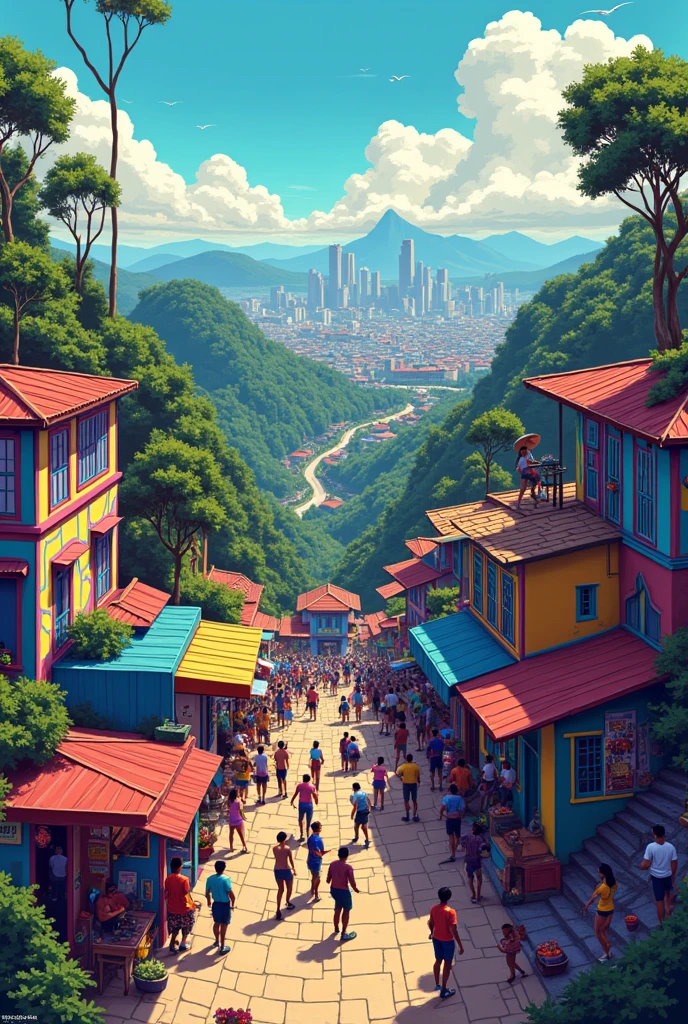 CREATE A PIXEL ART OF an image where we have a city with a socialist future in the communities of Brazil, on the hill of a community, where is the funk party taking place?, and whoredom.